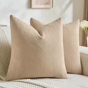 Beige Textured Chenille Throw Pillow Covers -Set of 2